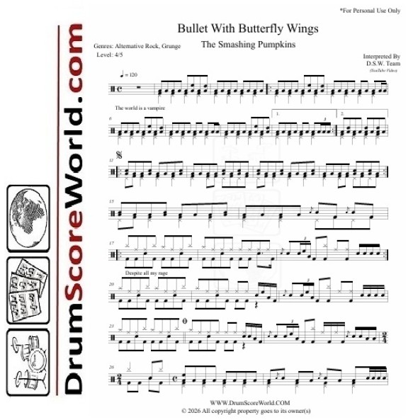 The Smashing Pumpkins - Bullet With Butterfly Wings | Drum Sheet + Play-Along Track